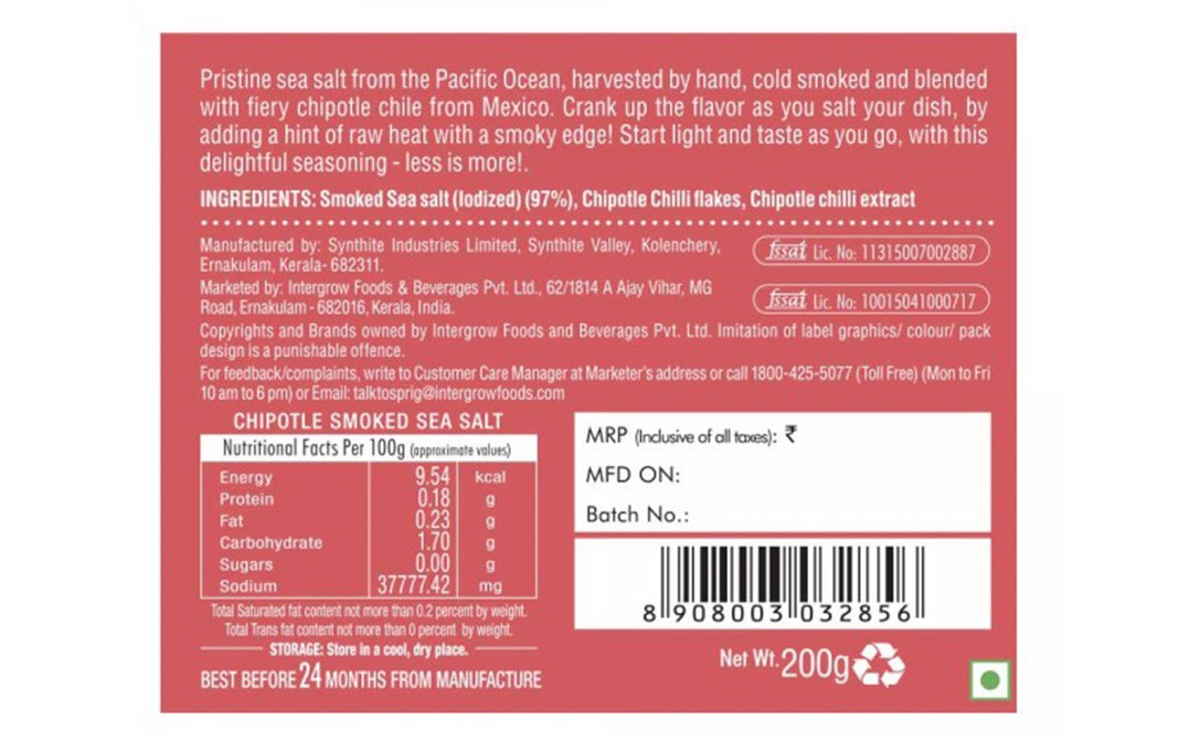 Sprig Chipotle Smoked Sea Salt   Bottle  200 grams